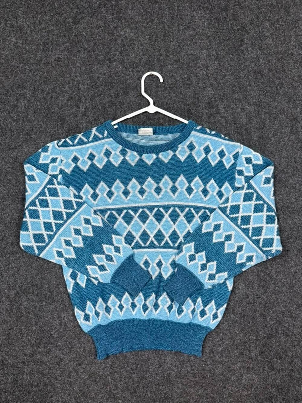 Vintage geometric acrylic crewneck sweater men blue made Yugoslavia